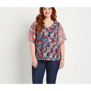 Adele & May Silky Layered Blouse Tank Top 3X Short Sleeve Floral Semi-Casual
